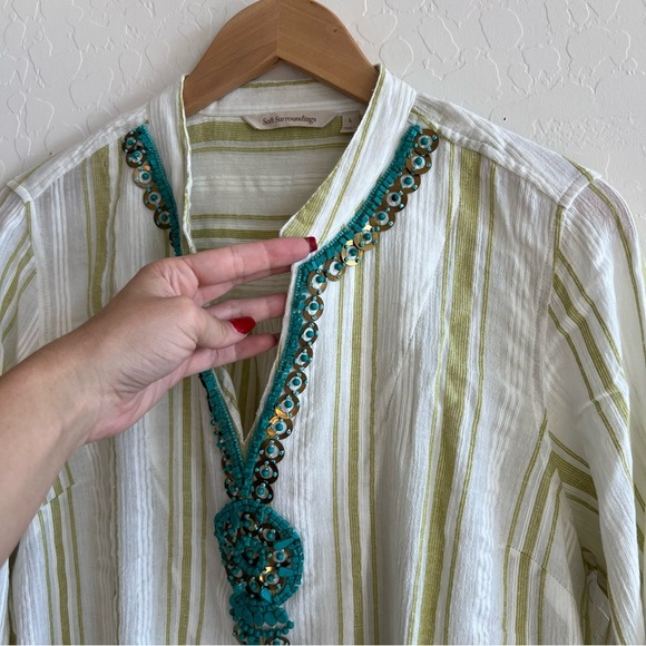 Soft Surroundings Elisha Tunic Green Striped Turquoise Bead Trim Gauze Top - Picture 3 of 7